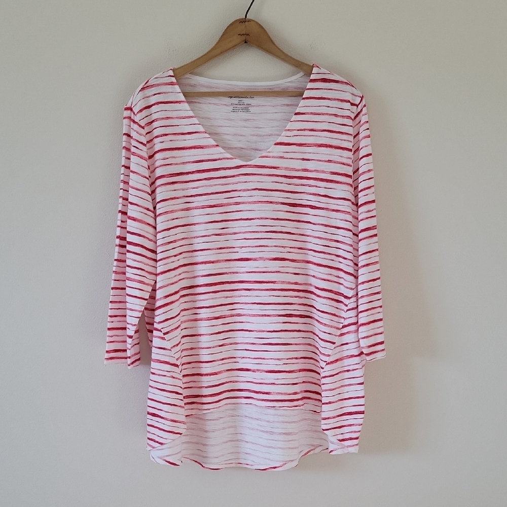 Chico's Ultimate Tee White‎ Red Stripe Slub Knit Tee Size XL